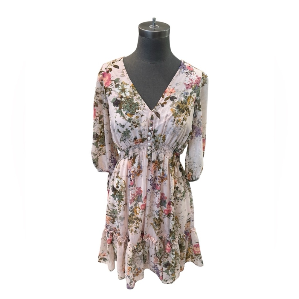 Taylor Floral Chiffon V Neck Mini Dress Size 4 Romantic Cottagecore Boho - Picture 2 of 12